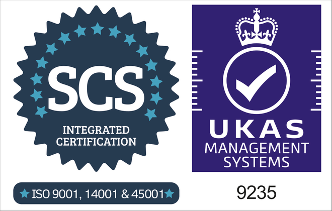 UKAS-accredited certification to ISO 9001, ISO 14001 and ISO 45001 (SCS, certificate 9235)